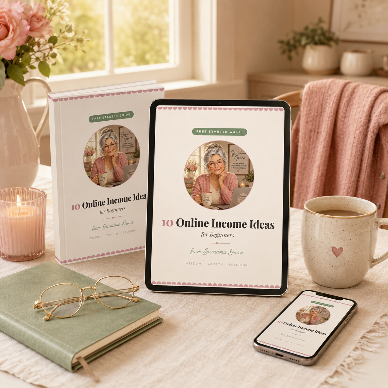 A styled tabletop scene showing a digital guide and physical book titled "10 Online Income Ideas for Beginners" by Katherine Green, with a tablet in the center, a book behind it, a phone in the foreground, a notebook, glasses, and a mug in a warm home setting.
