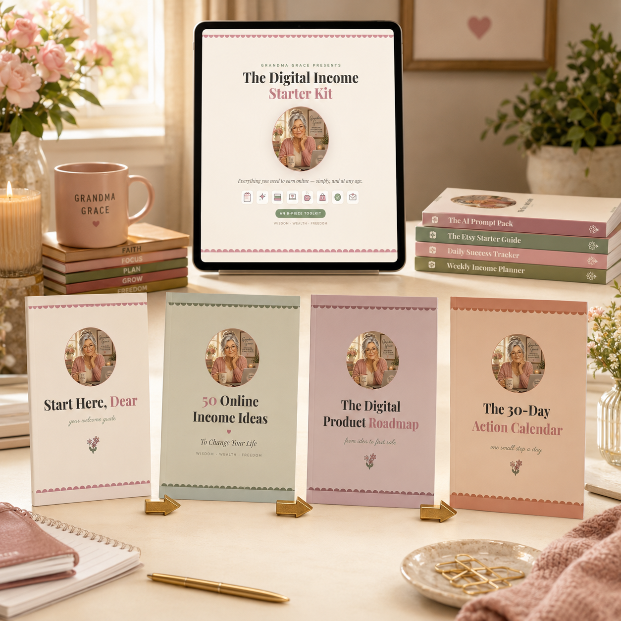 A digital planner and ebook starter kit displayed on a tabletop, including a tablet showing 'The Digital Income Starter Kit' and four physical booklets: 'Start Here, Dear', '50 Online Income Ideas', 'The Product Roadmap', and 'The 30-Day Action Calendar'. The scene is styled with a mug, books, flowers, and stationery in a warm home office setting.