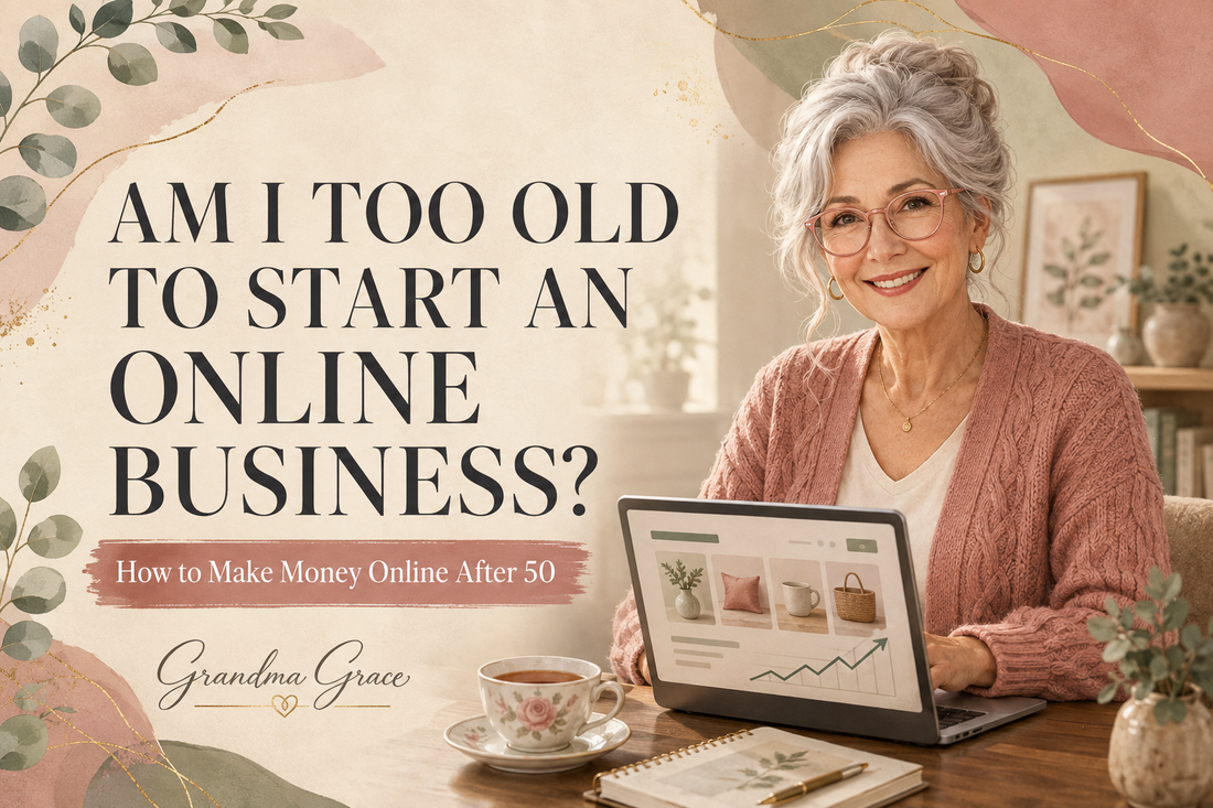 Grandma Grace at her laptop explaining how women over 50 can start an online business and make money online.