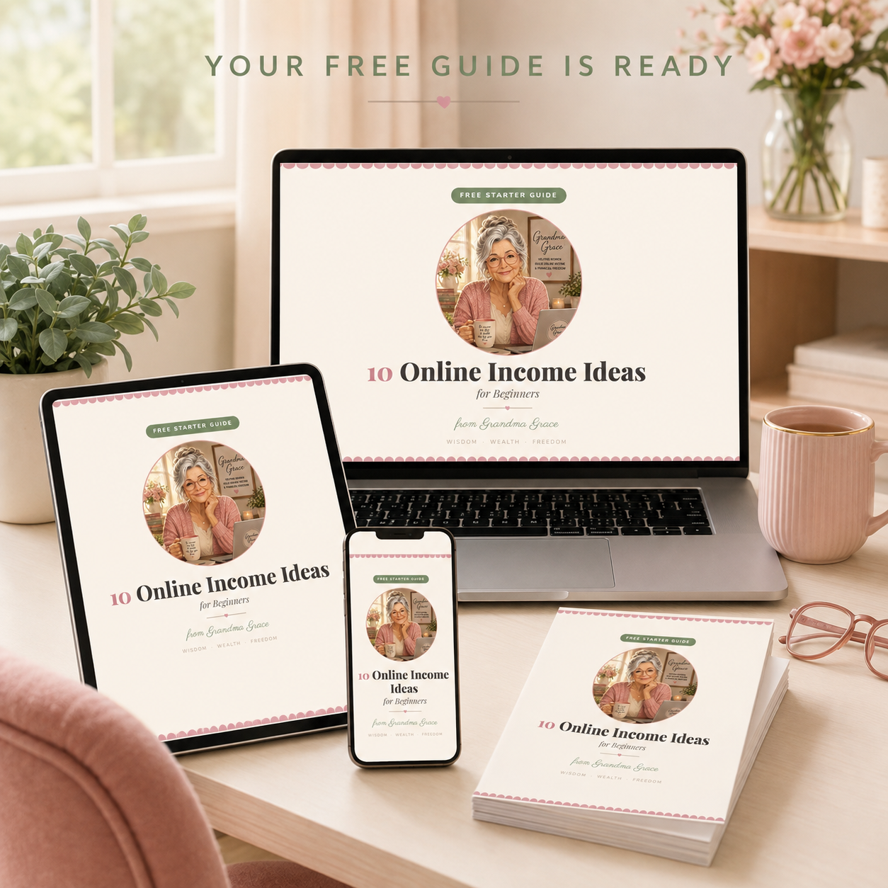 A digital guide titled '10 Online Income Ideas' shown on multiple devices and a notebook in a styled home office setting. The guide cover features a circular portrait of a woman and the text 'Free Starter Guide' and 'For Beginners'.