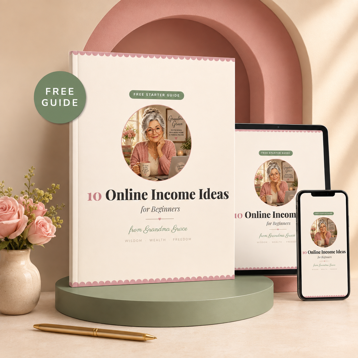 A styled digital product mockup showing a book titled '10 Online Income Ideas for Beginners' by From Branded Gucci, displayed upright on a round pedestal with a tablet and phone beside it. A green circular badge says 'FREE GUIDE.