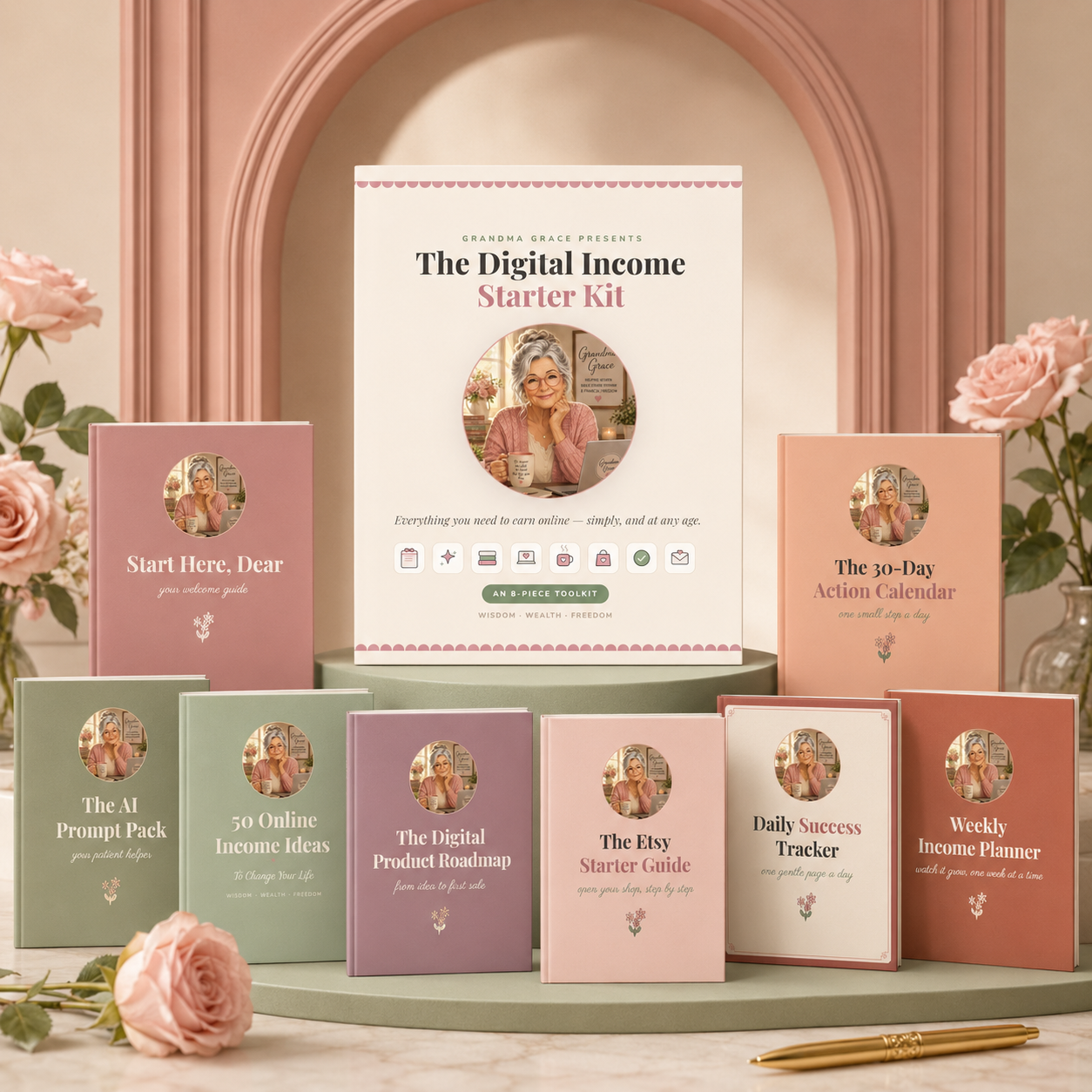 A styled flat-lay of a digital product starter kit with multiple booklets and guides arranged on a green surface in front of a pink arched backdrop. The central item is a white booklet titled 'The Digital Income Starter Kit,' surrounded by coordinating pink, peach, sage, and mauve guides such as 'Start Here, Dear,' 'The 30-Day Action Calendar,' 'The 7 Day Prompt Pack,' '30 Online Income Ideas,' 'The Digital Product Roadmap,' 'The Eddy Sharper Guide,' 'Daily Success Tracker,' and 'Weekly Income Planner.