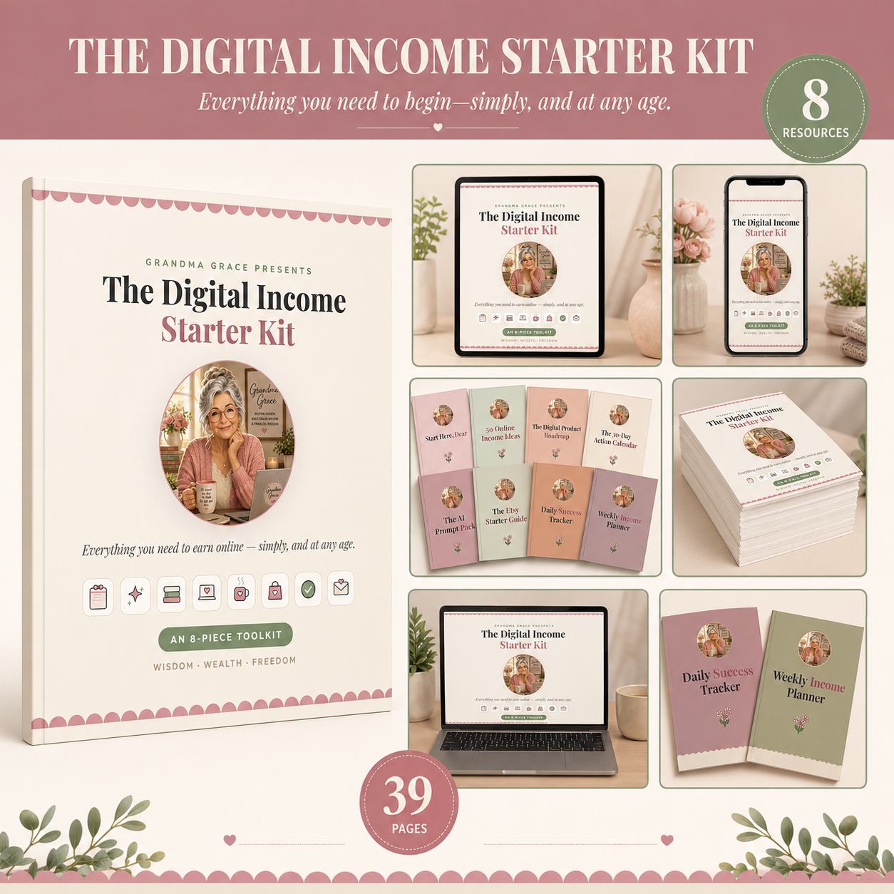 Eight-resource digital income ebook bundle shown on laptop, tablet and smartphone