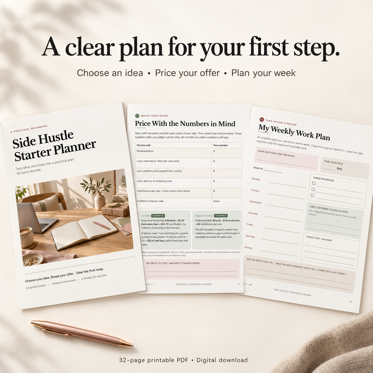Side Hustle Starter Planner | 32-Page Business Workbook & 30-Day Action Plan
