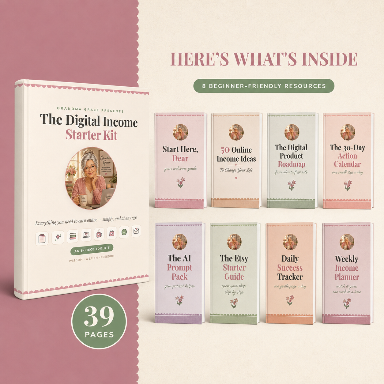 Digital Income Starter Kit displayed with eight color-coded guides for starting an online income