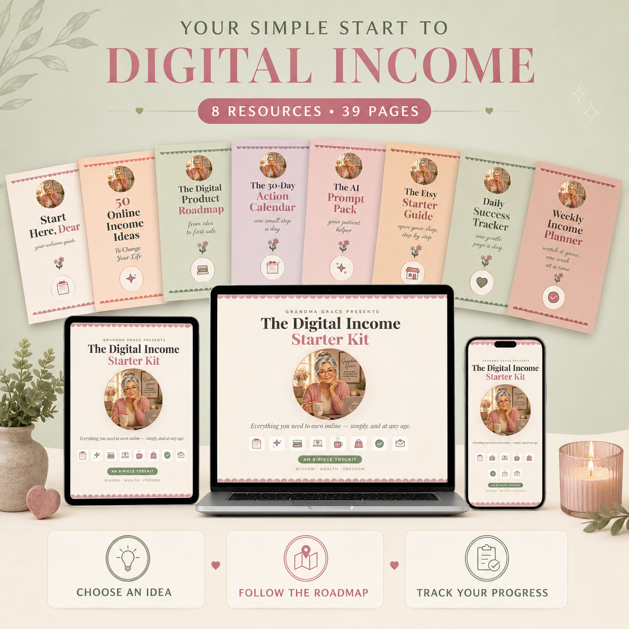Ask Grandma Grace Digital Income Starter Kit with eight beginner-friendly resources and 39 printable pages