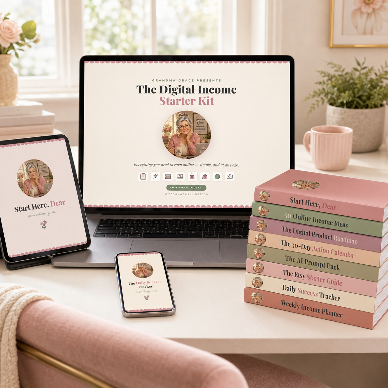 A digital income starter kit mockup displayed on a laptop, tablet, and phone, alongside a stack of pink, green, and beige guidebooks on a desk in a bright, styled room.