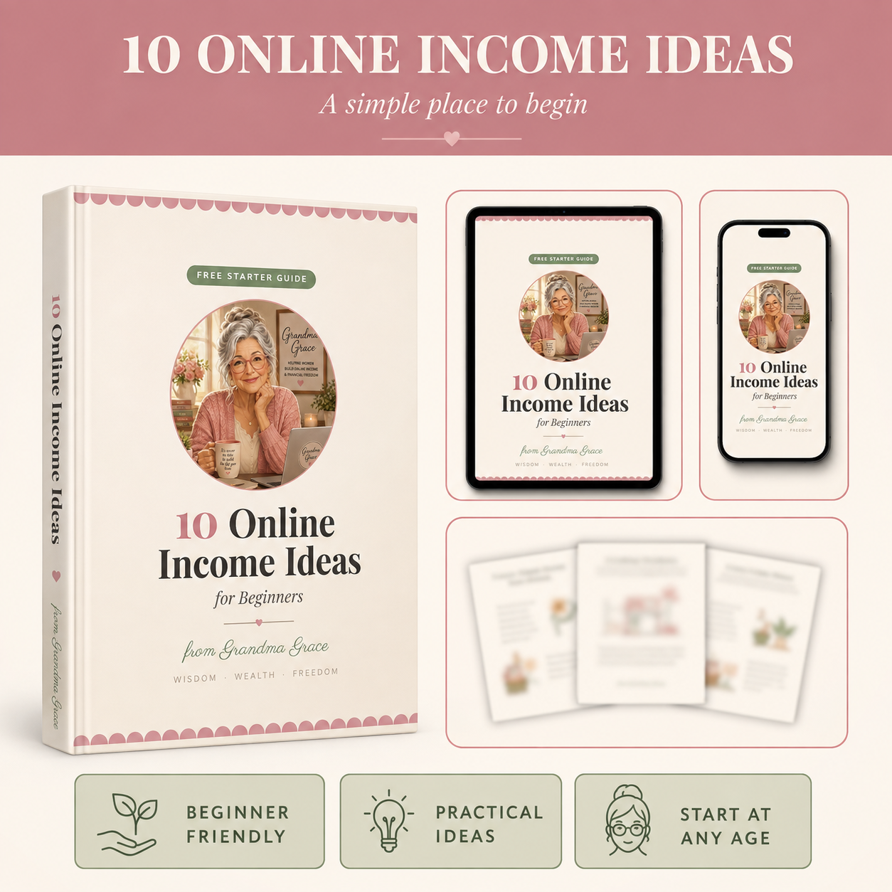 Promotional graphic for a digital book titled '10 Online Income Ideas for Beginners' by Faith Starter Books. The design shows a physical book cover, a tablet mockup, a smartphone mockup, and several small guide pages, all on a soft pink and beige background with feature icons at the bottom.